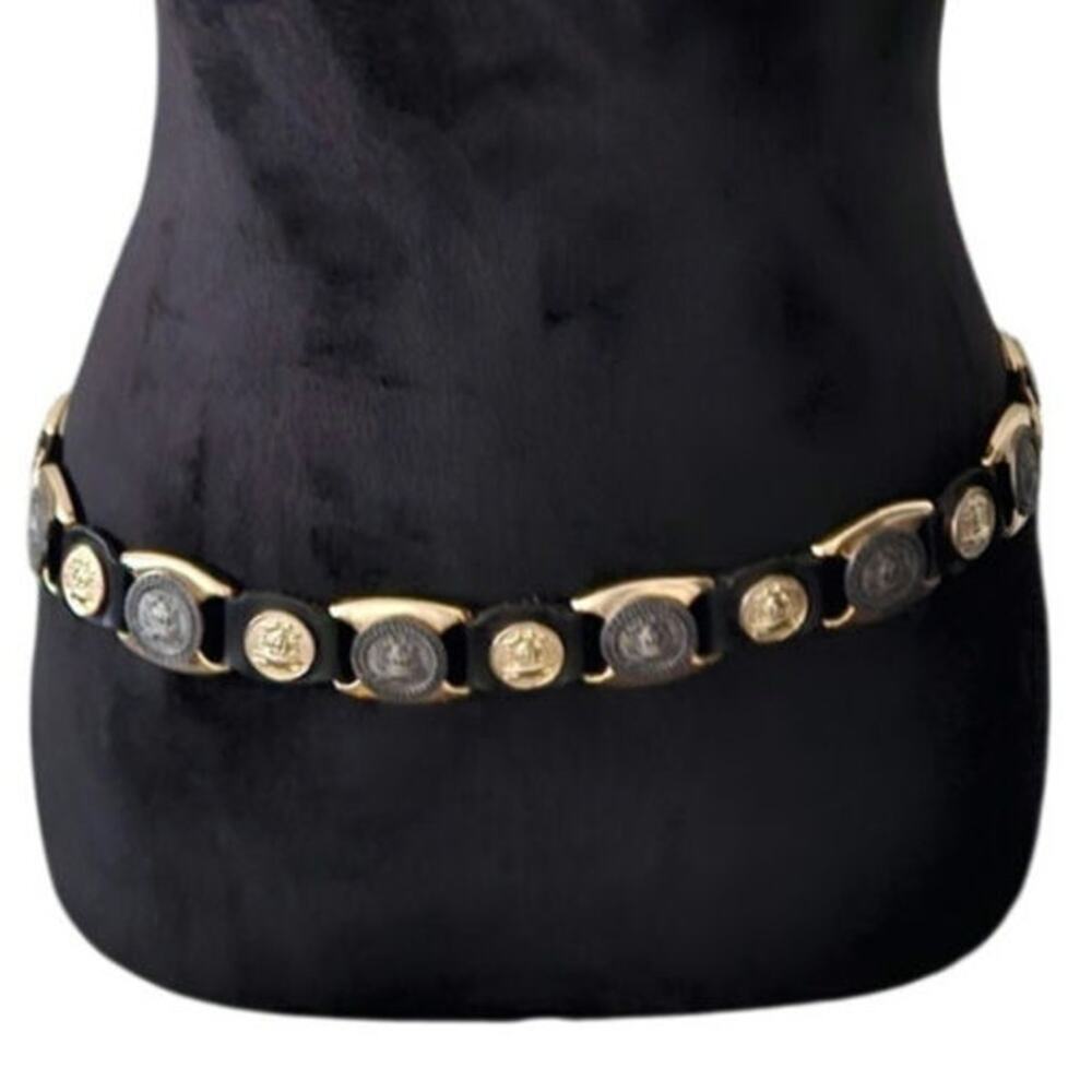 Vintage Estro Versa Italian Leather Coin Belt Black Gold Silver Medallion